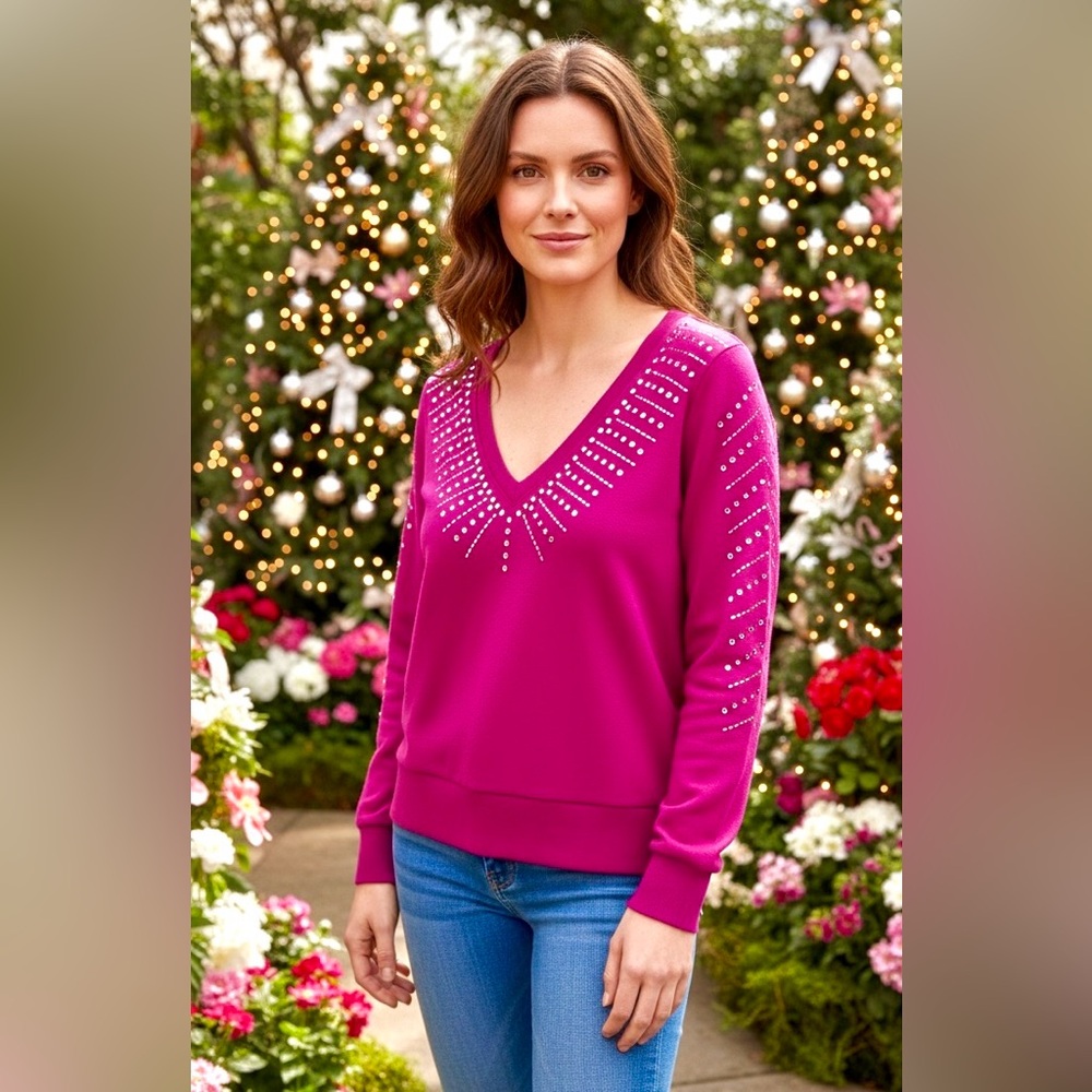 INC International Magenta Rhinestone Embellished V neck Sweatshirt Sparkle Top M